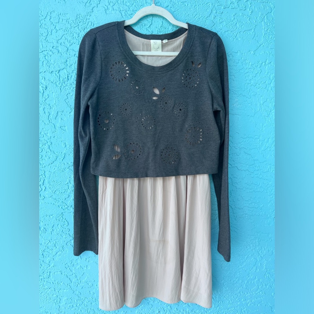 Anthropologie Two-Tone Long Sleeve Layered Dress in Charcoal and Blush